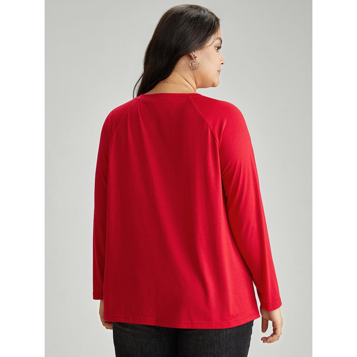 Plus Size Christmas Terry Embroidered Raglan Sleeve T-shirt Red Women Casual Contrast Christmas Festival-Christmas T-shirts BloomChic 14-16/1X Product Image