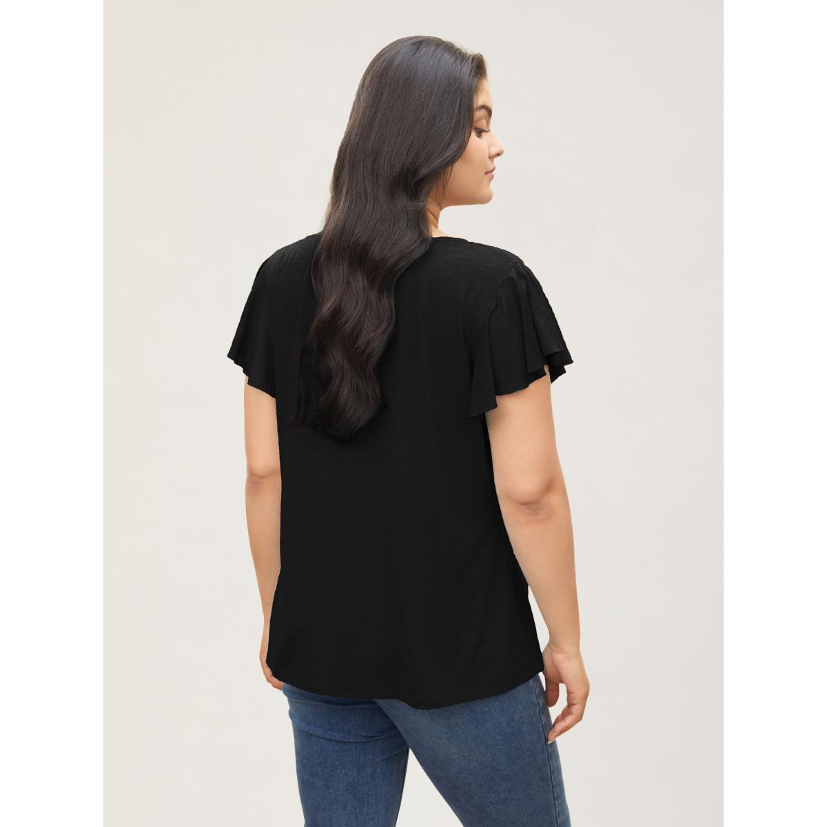 Plus Size Solid Heather Gathered Ruffle Sleeve T-shirt Black Women Timeless Non V-neck Elegant T-shirts BloomChic 22-24/3X Product Image