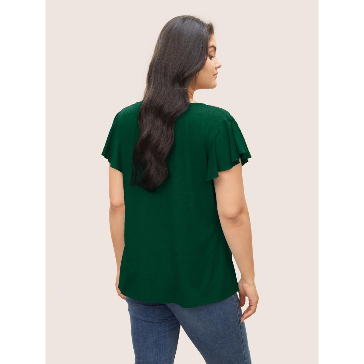 Plus Size Solid Heather Gathered Ruffle Sleeve T-shirt DarkGreen Women Elegant Non V-neck Everyday T-shirts BloomChic 10/M Product Image