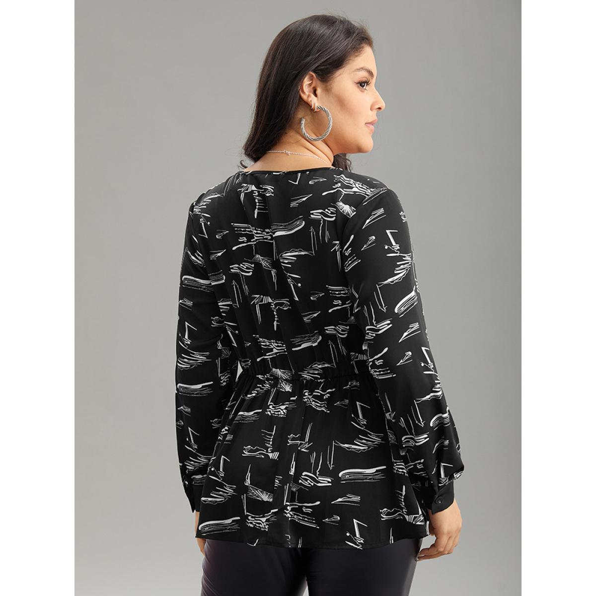 Plus Size BlackFlower Geometric Wrap Elastic Waist Ruffle Hem Blouse Women Office Long Sleeve Overlap Collar Work Blouses BloomChic 28/5X Product Image