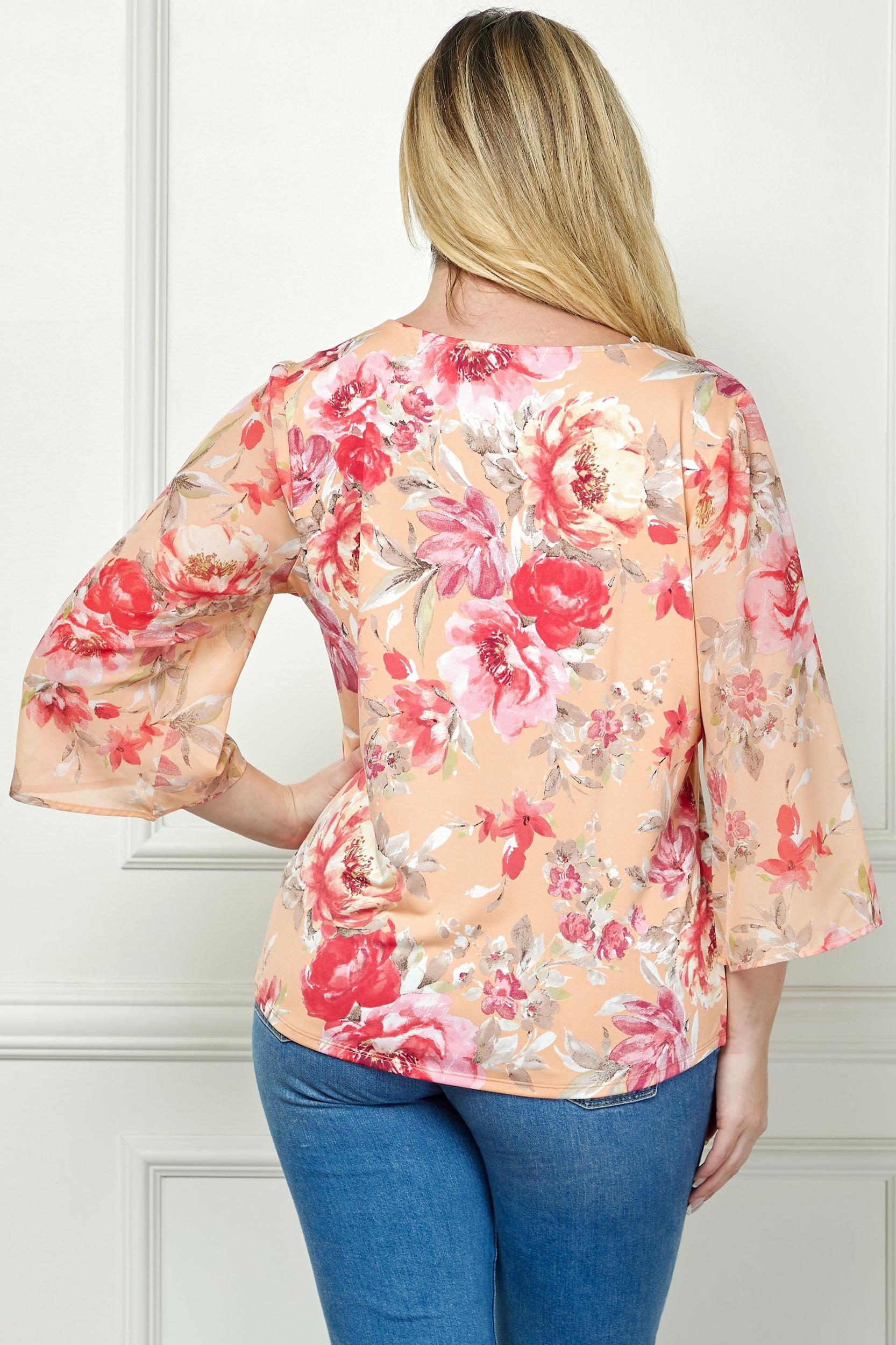 Coral 3/4 Bell Sleeve Cutout Keyhole Trim Front Neck Mix Media Blouse - Plus Product Image