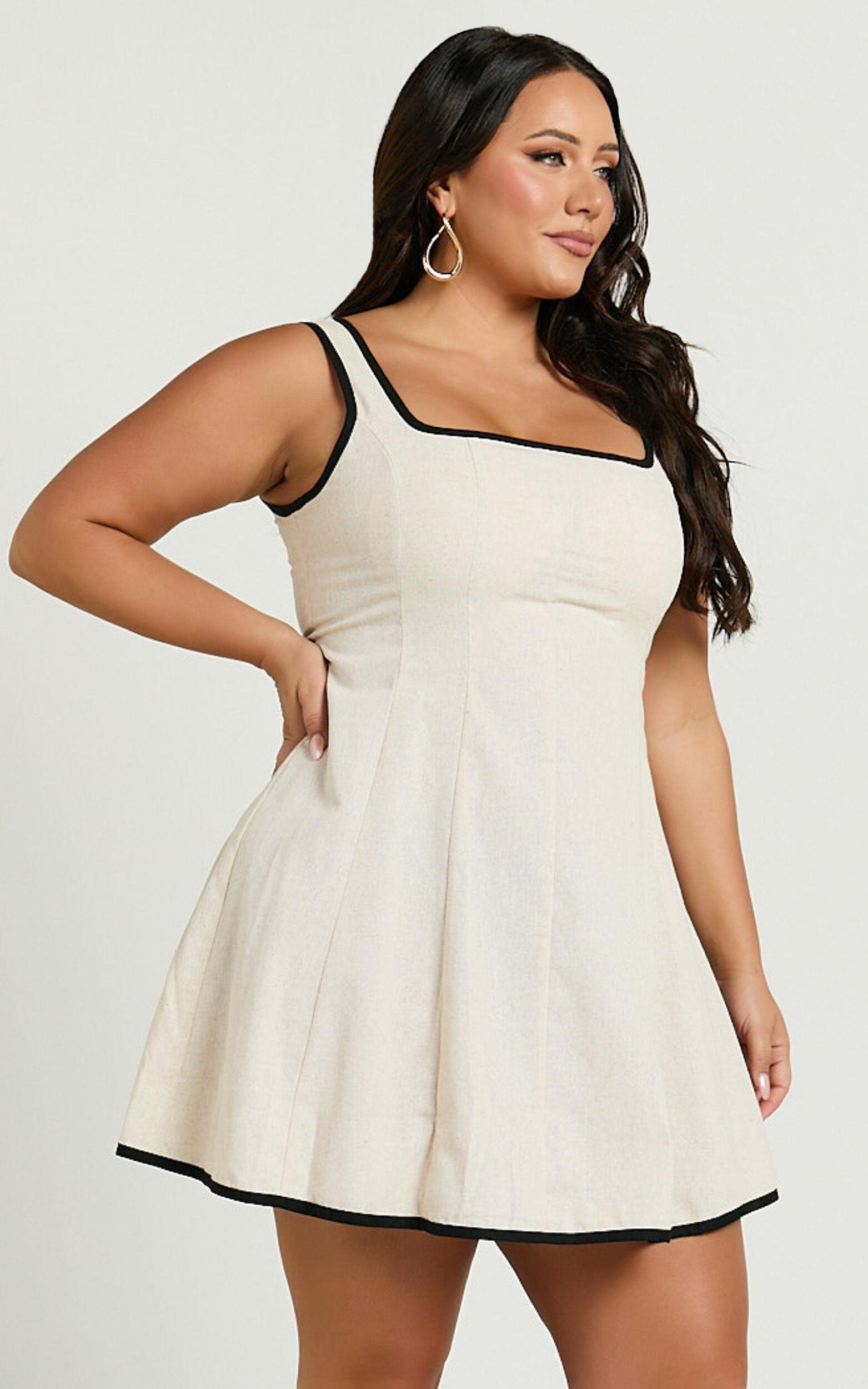 Antoni Mini Dress - Linen Ruched Back Square Neck Fit and Flare Dress in Natural Product Image