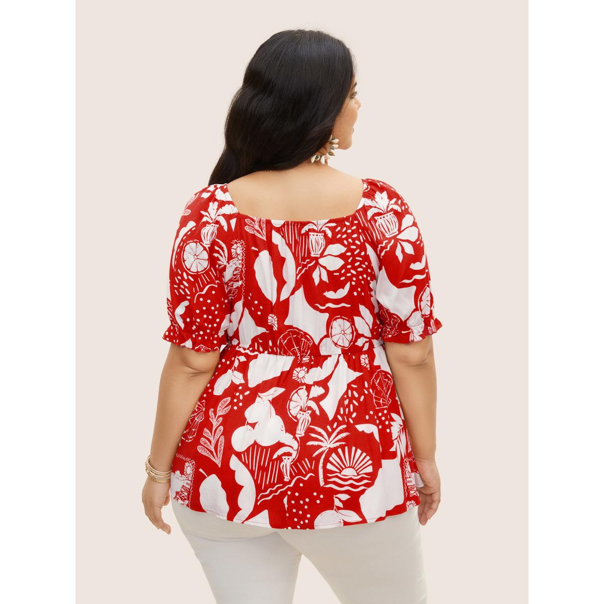 Plus Size Crimson Tropical Print Bowknot Shirred Lantern Sleeve Blouse Women Resort Short sleeve V-neck Vacation Blouses BloomChic 22-24/3X Product Image