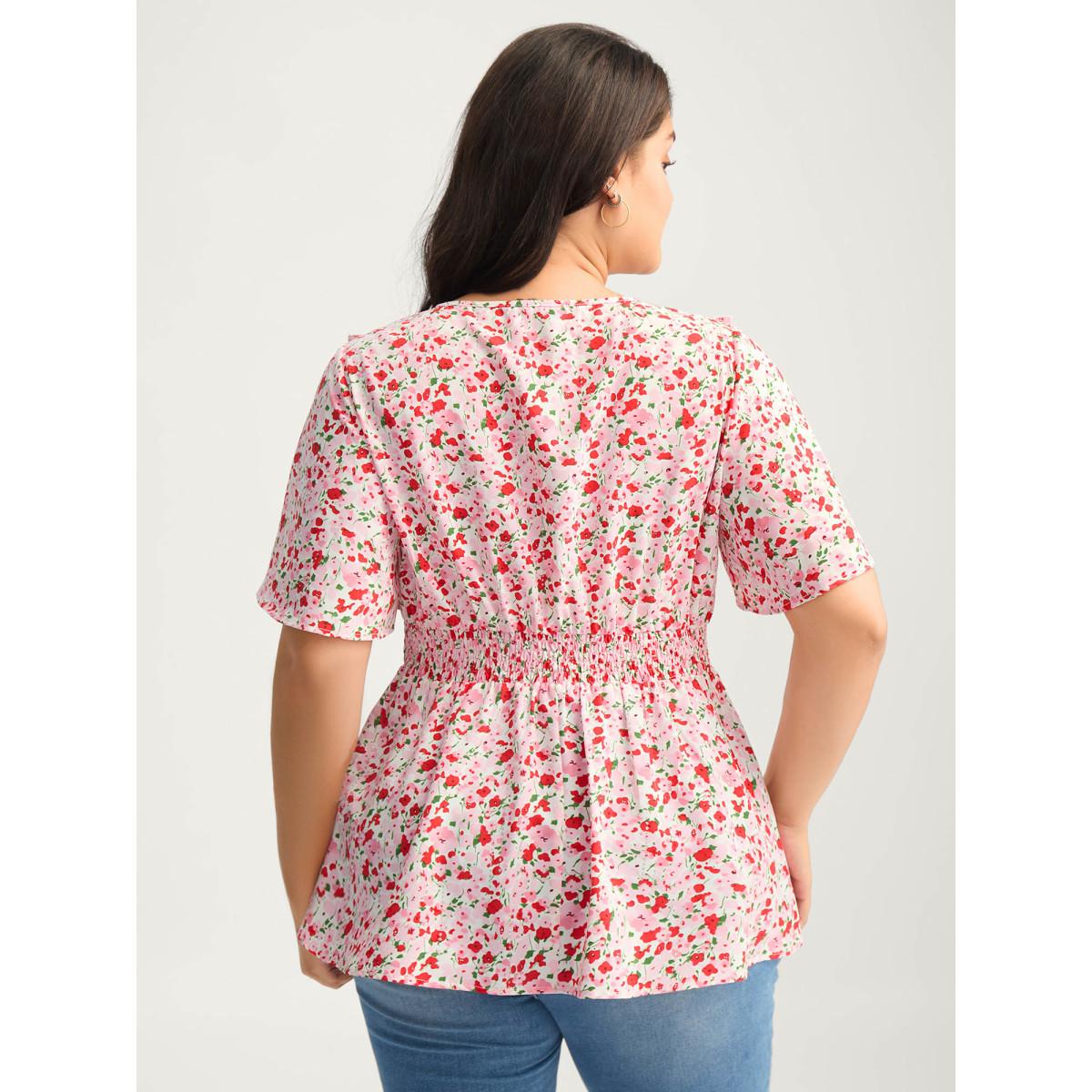 Plus Size Blush Floral Silver Stamp Shirred Waist Blouse Women Short sleeve V-neck Everyday-Elegant Blouses BloomChic 30/6X Product Image
