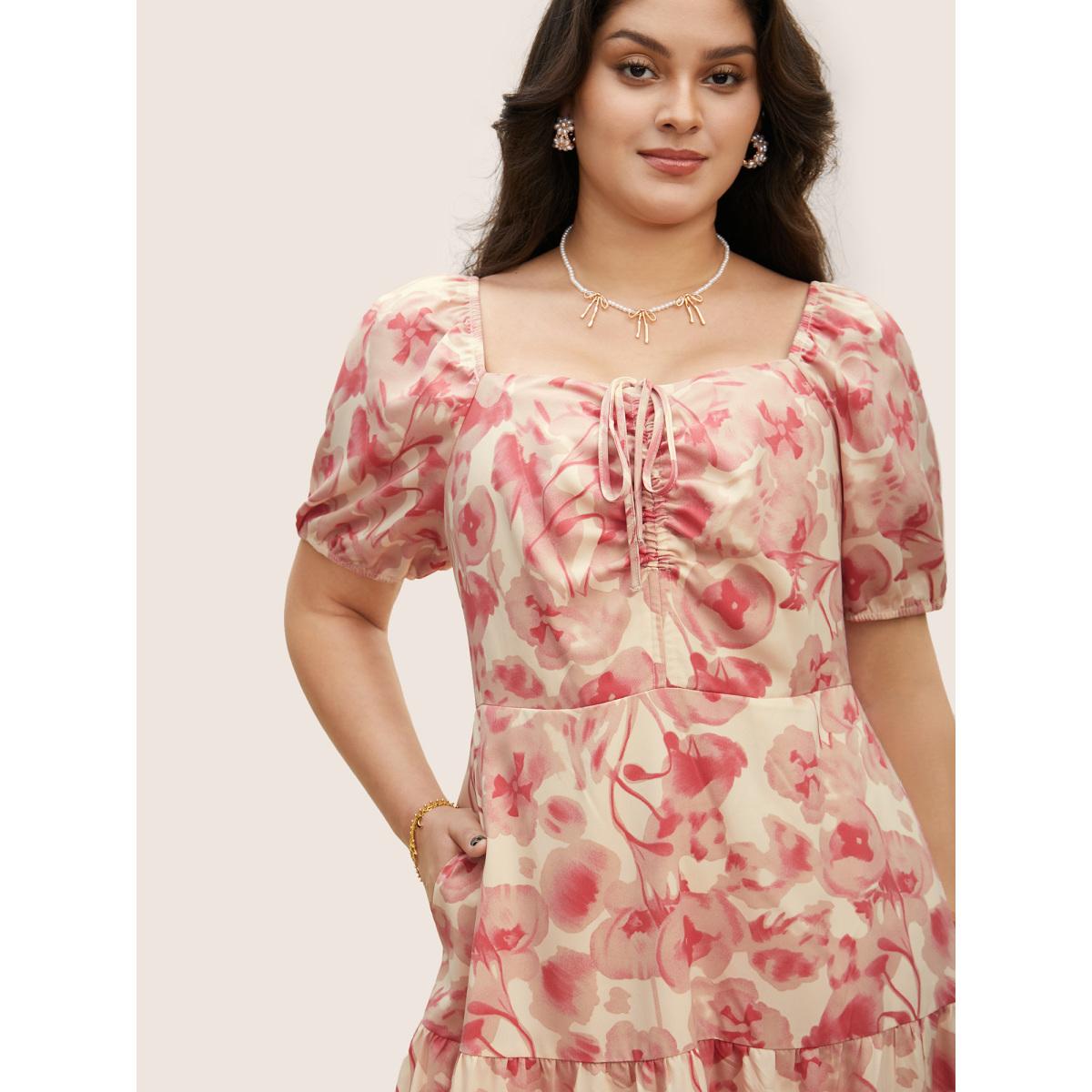 Plus Size Floral Drawstring Tie Knot Puff Sleeve Midi Dress Blush Women Elegant Gathered Square Neck Short sleeve Curvy BloomChic 30/6X Product Image