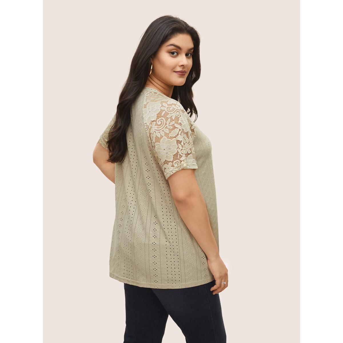 Plus Size Solid Broderie Anglaise Lace Raglan Sleeve T-shirt Champagne Women Elegant See through Plain Round Neck Everyday T-shirts BloomChic 12/L Product Image