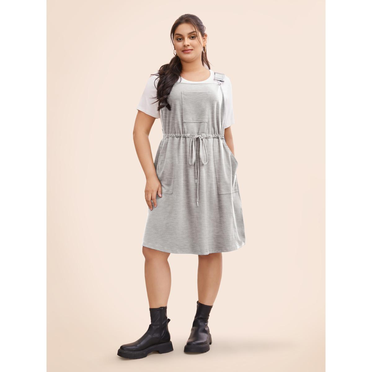 Plus Size Plain Pocket Drawstring Overall Dress LightGray Women Casual Non Non Sleeveless Curvy BloomChic 22-24/3X Product Image
