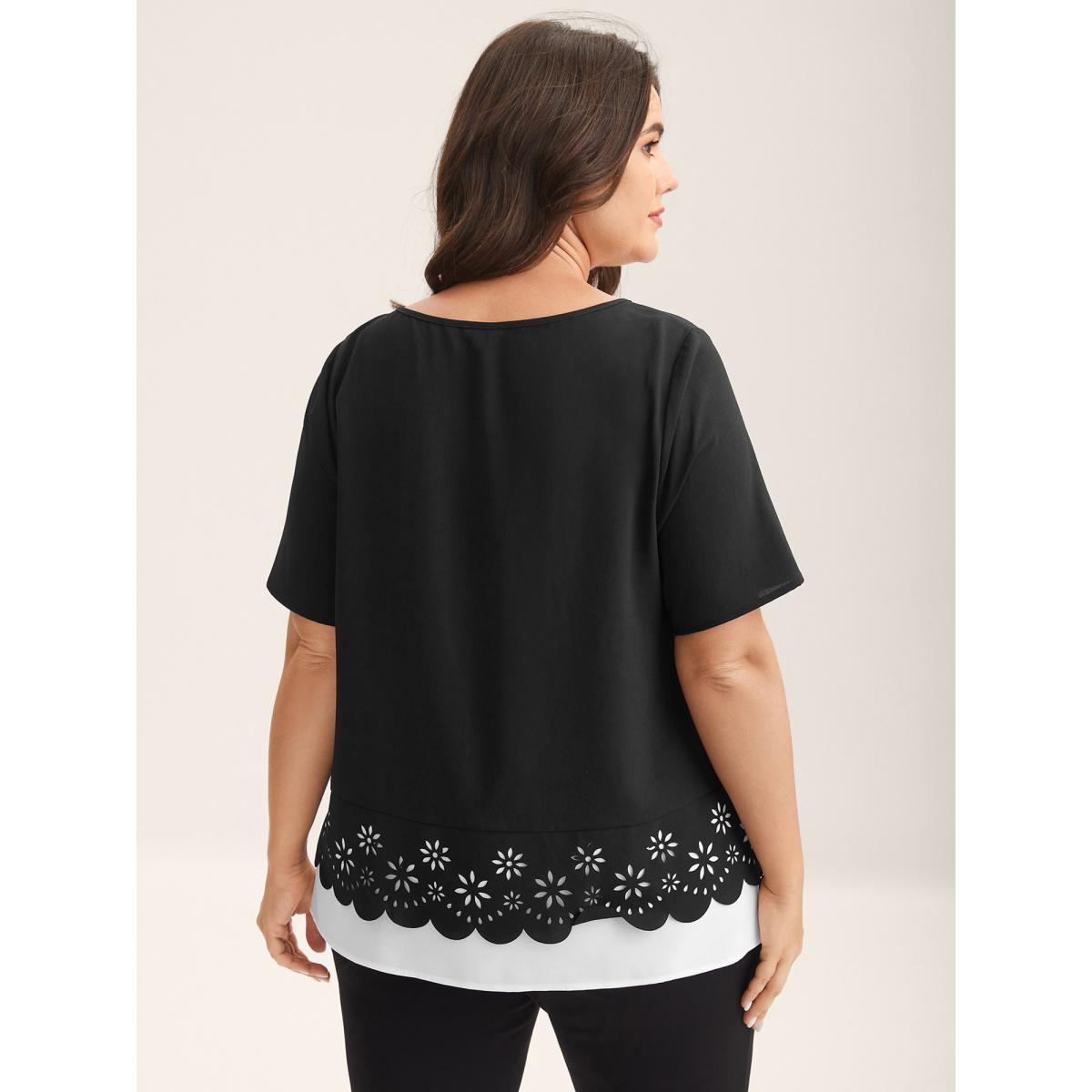 Plus Size Black Laser Cut Patchwork Round Neck Blouse Women Short sleeve Round Neck Work Blouses BloomChic 10/M Product Image