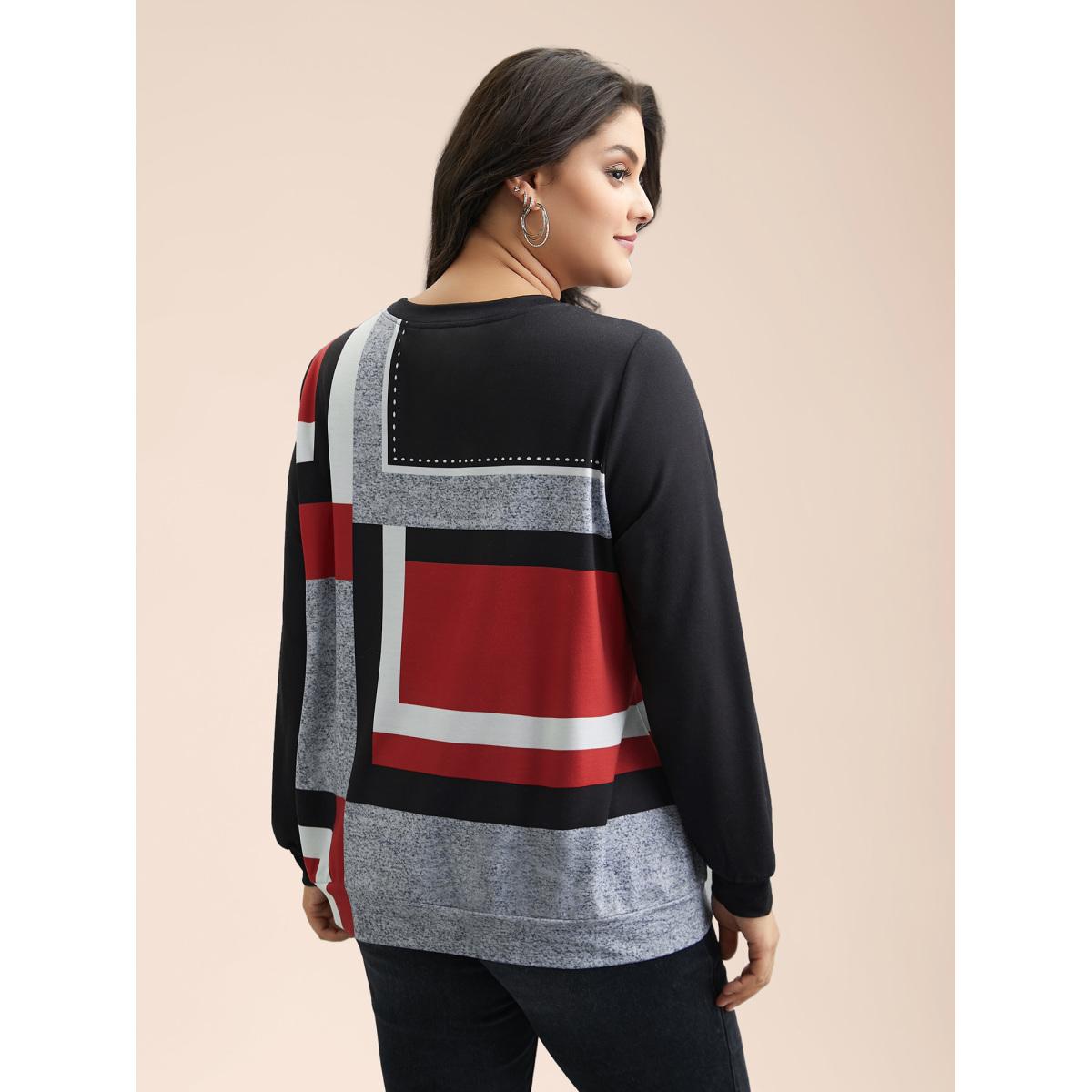 Plus Size Geometric Print Round Neck Fitted Sweatshirt Women Multicolor Casual Contrast Round Neck Everyday Sweatshirts BloomChic 14-16/1X Product Image