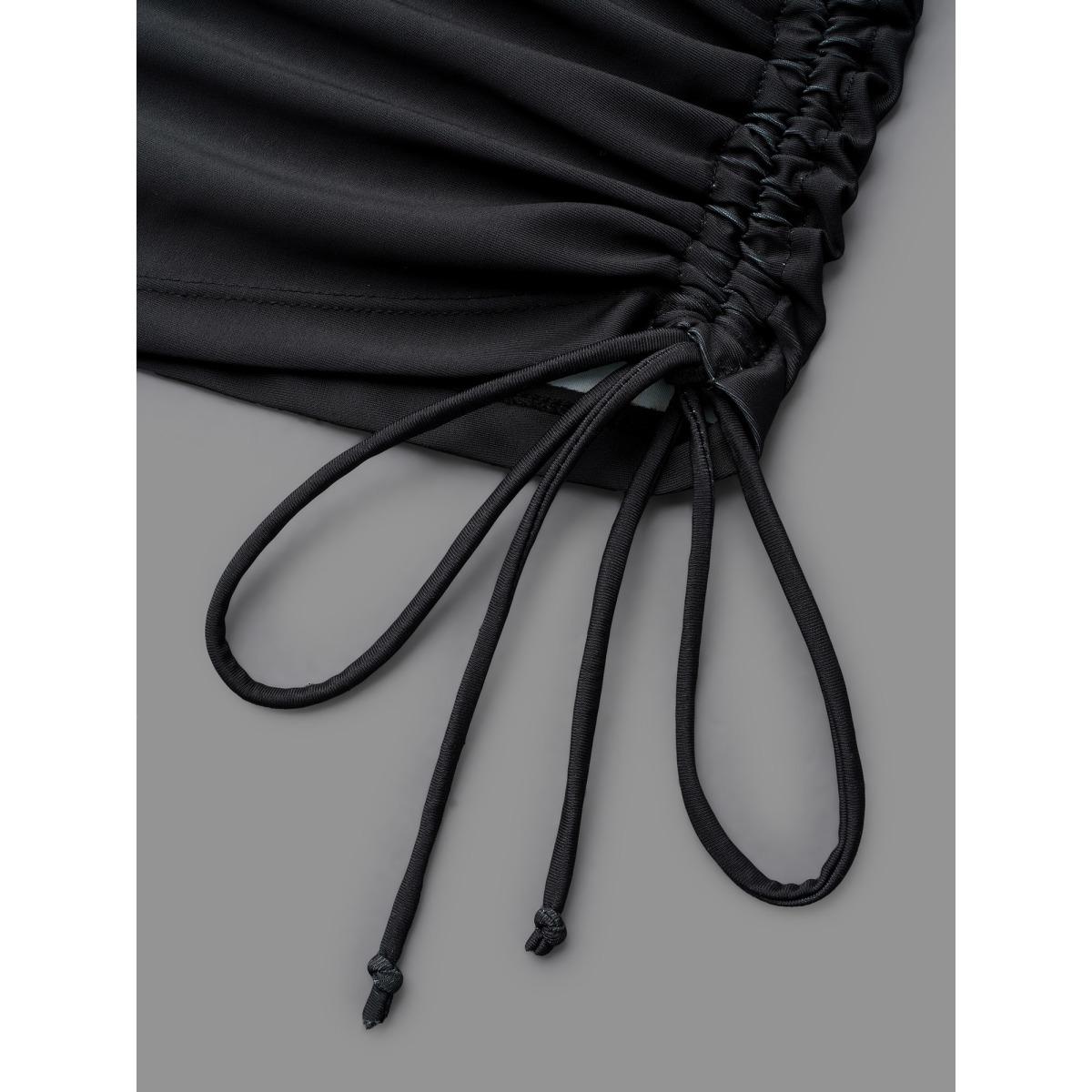 Plus Size Color Block Drawstring Cami Swim Top Women's Swimwear Black Beach Drawstring High stretch Bodycon U-neck Curve Swim Tops BloomChic 28/5X Product Image