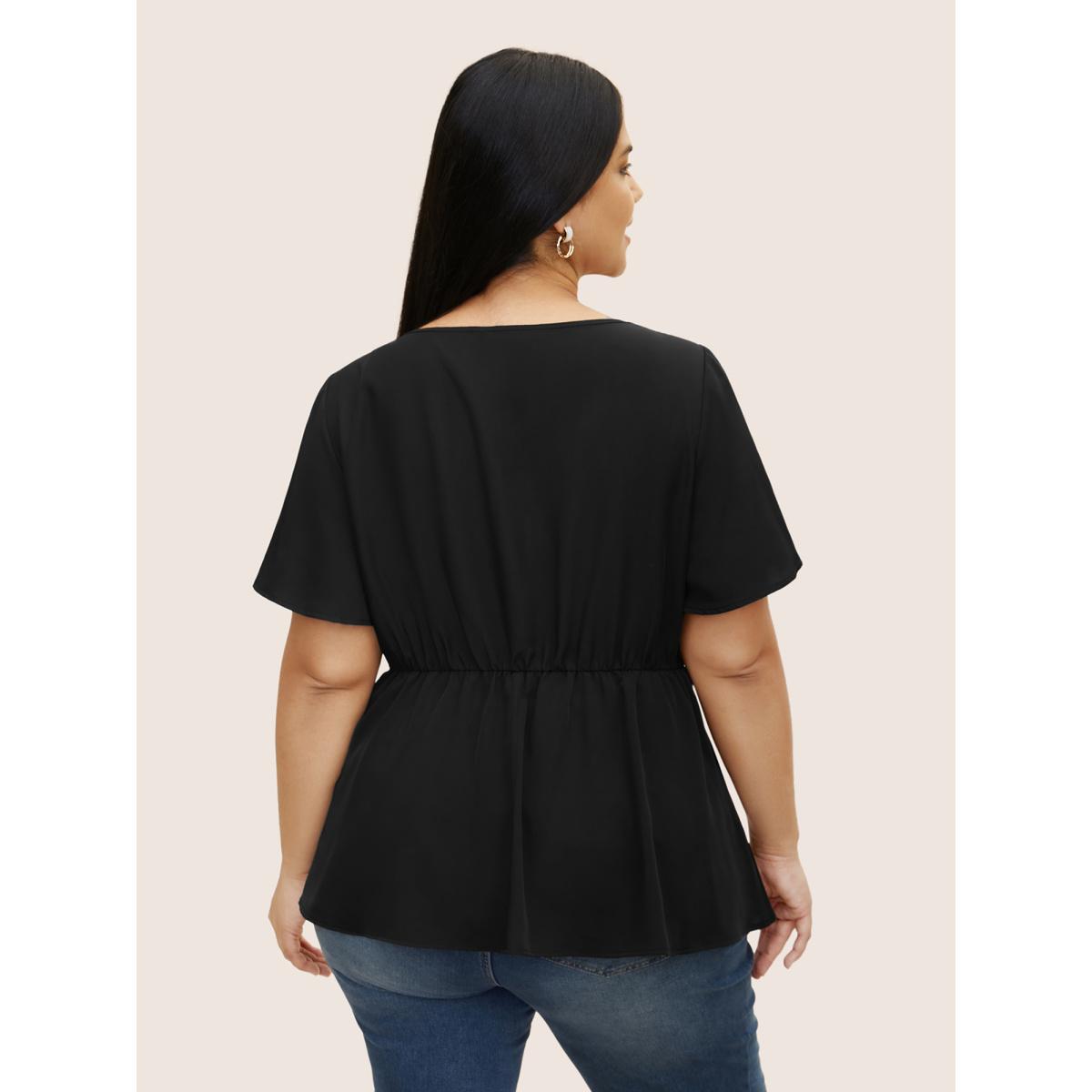 Plus Size Black Plain Cut Out Gathered Flutter Sleeve Blouse Women Work From Home Short sleeve Round Neck Work Blouses BloomChic 18-20/2X Product Image