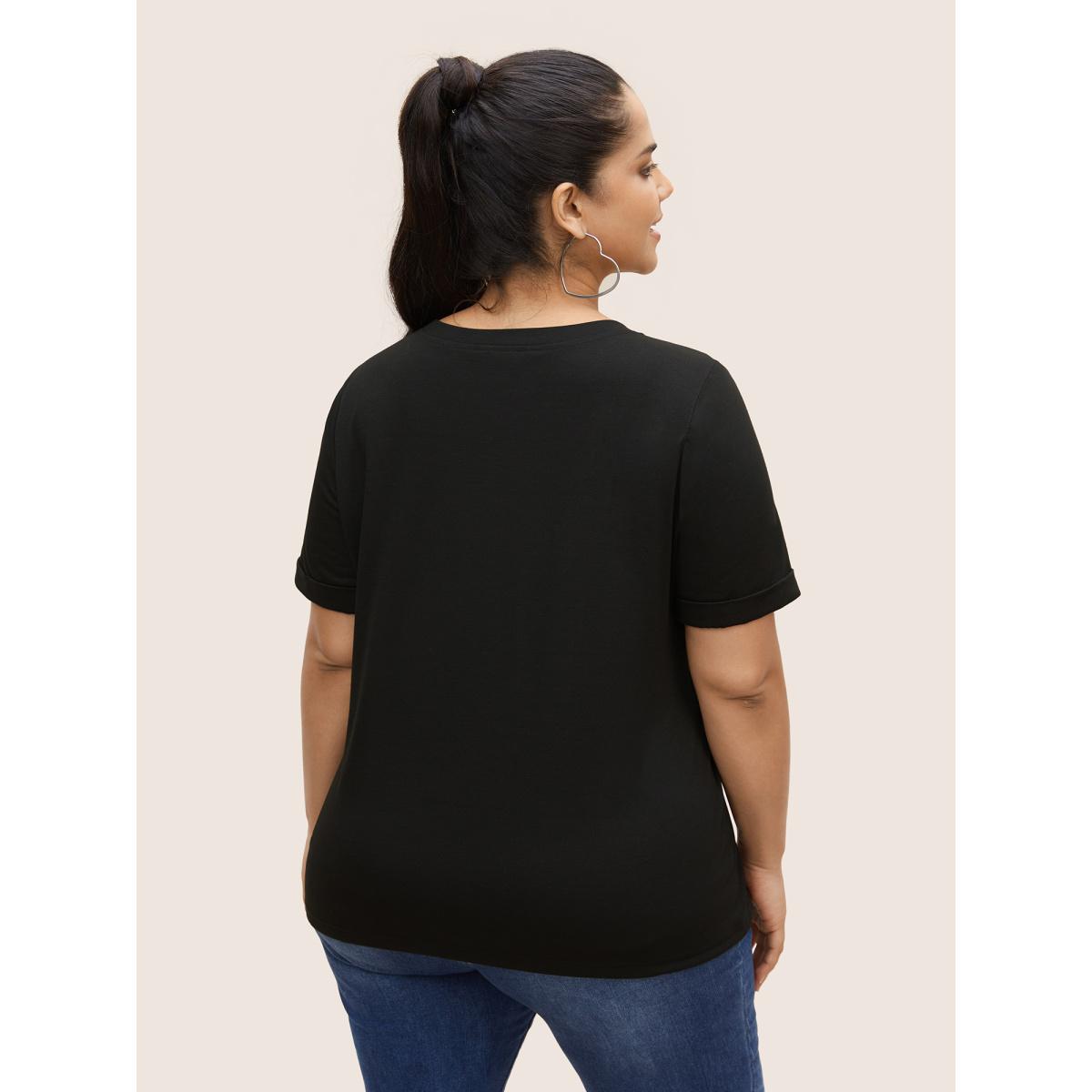 Plus Size Star Embroidered Patch Round Neck T-shirt Black Women Casual Contrast Star and moon Round Neck Everyday T-shirts BloomChic 18-20/2X Product Image