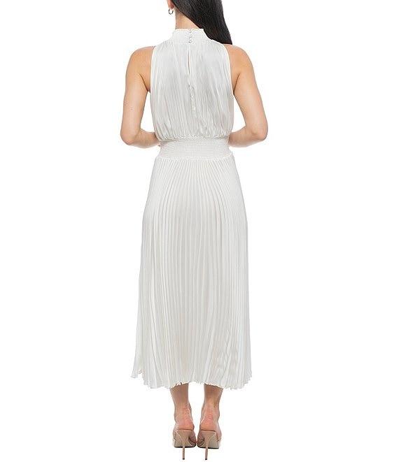 Marina Sleeveless Halter Mock Neck Smocked Pleated Crepe Chiffon A-Line Midi Dress Product Image