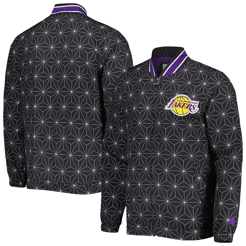 Men's Starter Black Los Angeles Lakers In-Field Play Fashion Satin Full-Zip Varsity Jacket,  Product Image