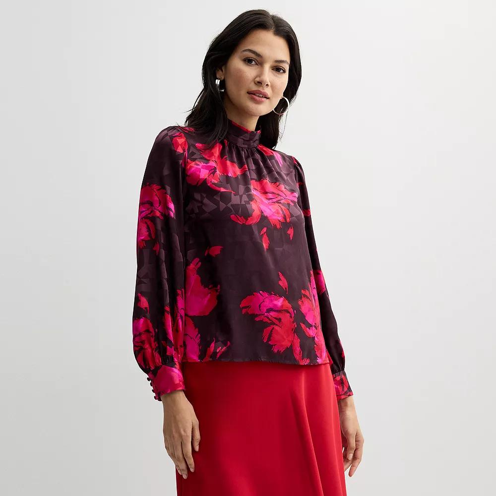 Petite Nine West Mockneck Long Sleeve Blouse, Women's, Size: XL Petite, Pink Pica Floral Product Image