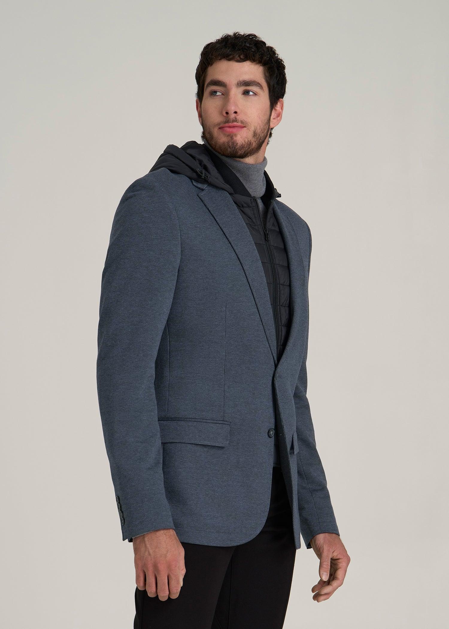 Hooded Bib Blazer for Tall Men in Black and Grey Houndstooth Male Product Image