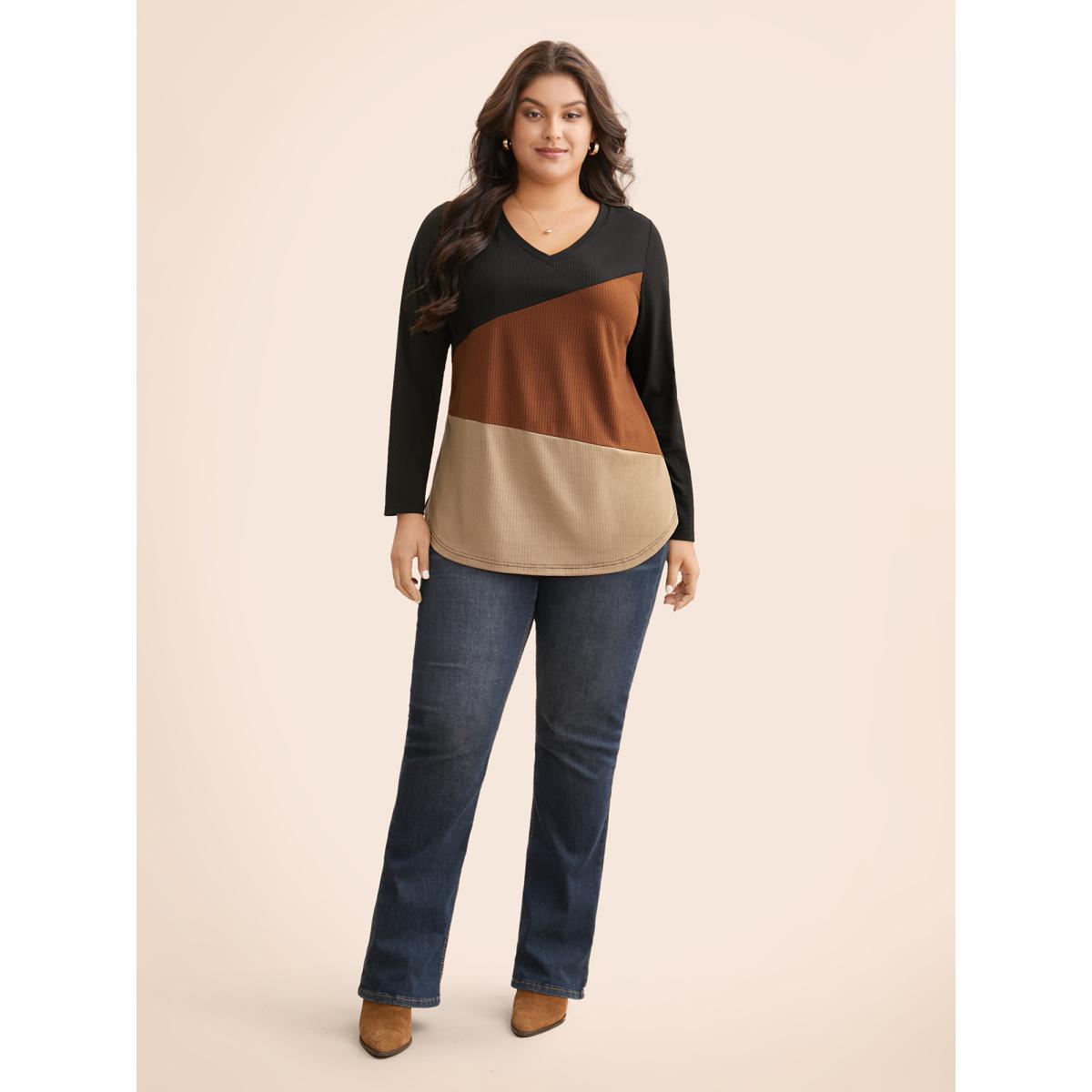 Plus Size V Neck Contrast Patchwork Rib Knit T-shirt Multicolor Women Casual Contrast V-neck Everyday T-shirts BloomChic 22-24/3X Product Image