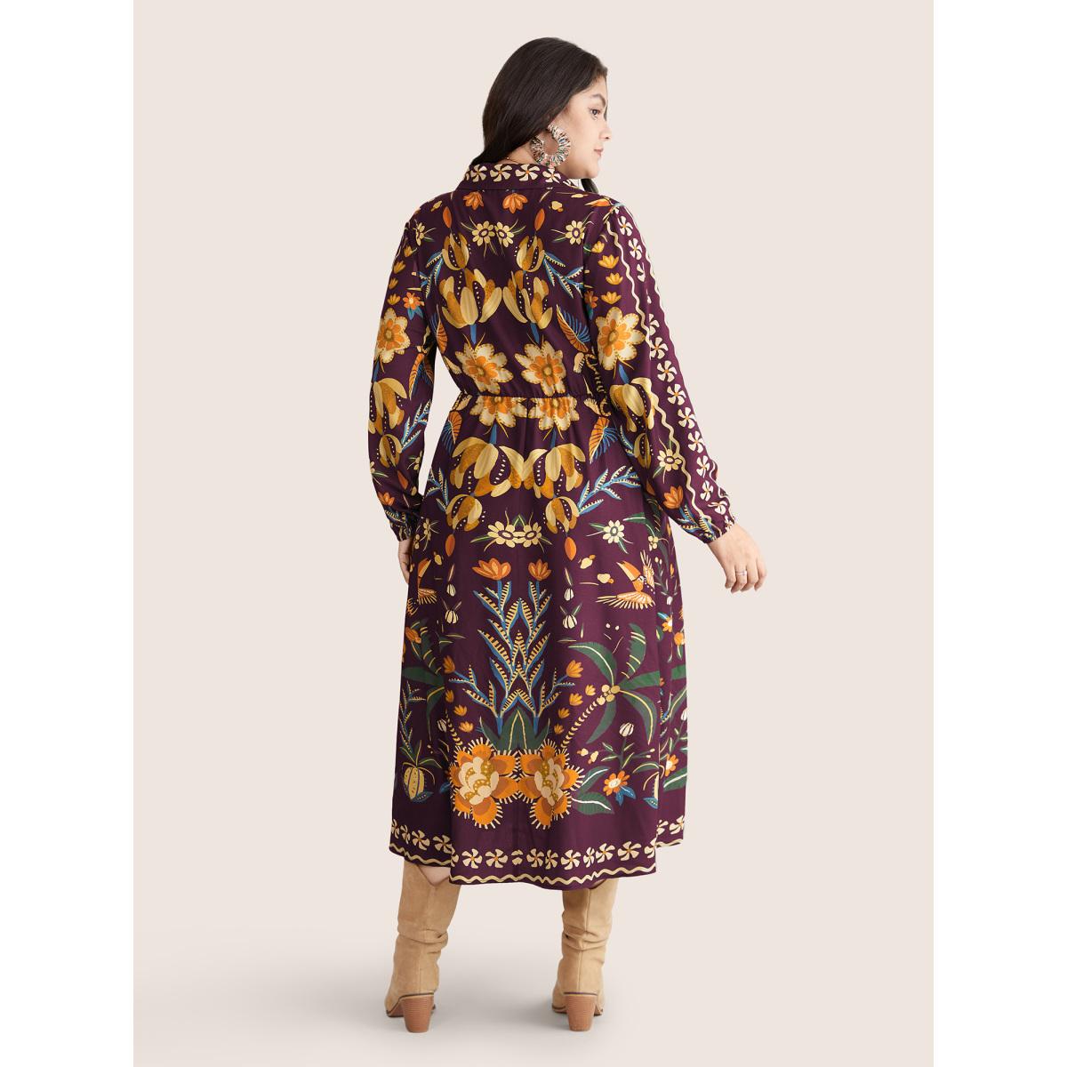 Plus Size Bandana Print Pocket Lapel Collar Elastic Cuffs Dress Deeppurplered Women Resort Non V-neck Long Sleeve Curvy Midi Dress BloomChic 14-16/1X Product Image