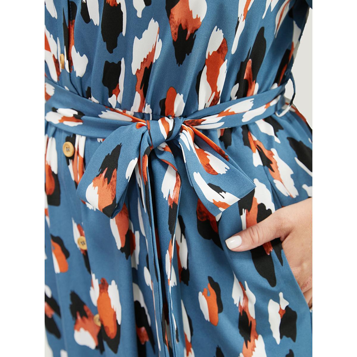 Plus Size Allover Print Button Detail Pocket Belted Arc Hem Dress Stone Women Office Cross straps Shirt collar Short sleeve Curvy Midi Dress BloomChic 10/M Product Image