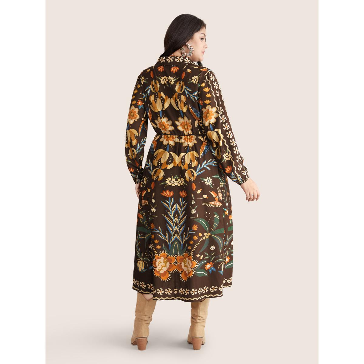 Plus Size Bandana Print Pocket Lapel Collar Elastic Cuffs Dress DarkBrown Women Resort Non V-neck Long Sleeve Curvy Midi Dress BloomChic 18-20/2X Product Image