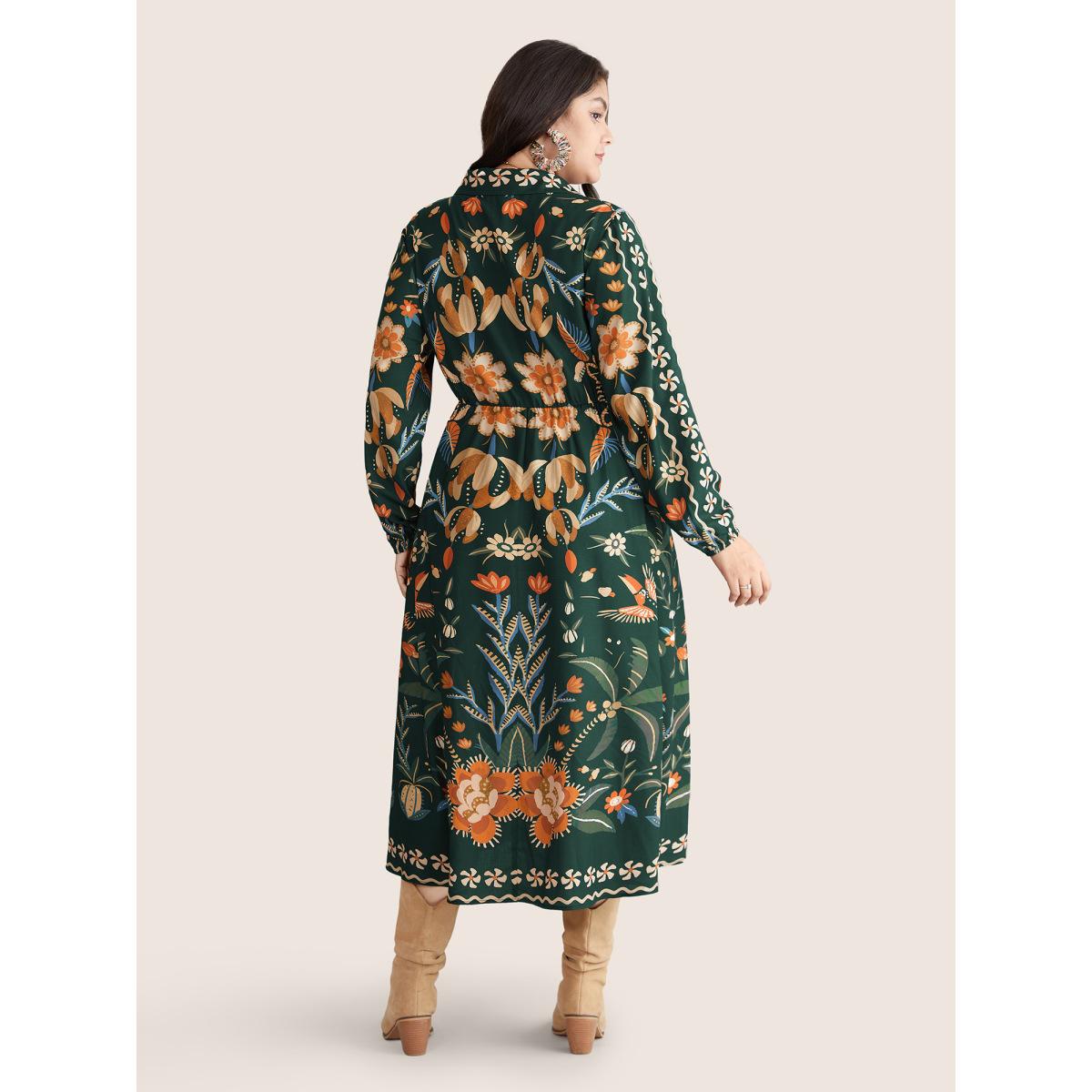 Plus Size Bandana Print Pocket Lapel Collar Elastic Cuffs Dress DarkGreen Women Resort Non V-neck Long Sleeve Curvy Midi Dress BloomChic 10/M Product Image