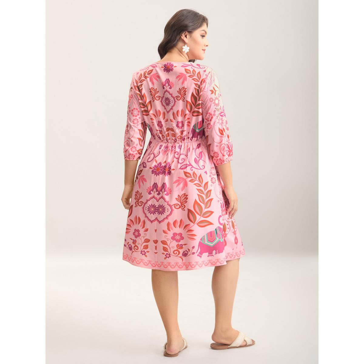 Plus Size Boho Print V-Neck Pockets Midi Dress Blush Women Boho Non V-neck Elbow-length sleeve Curvy BloomChic 14-16/1X Product Image
