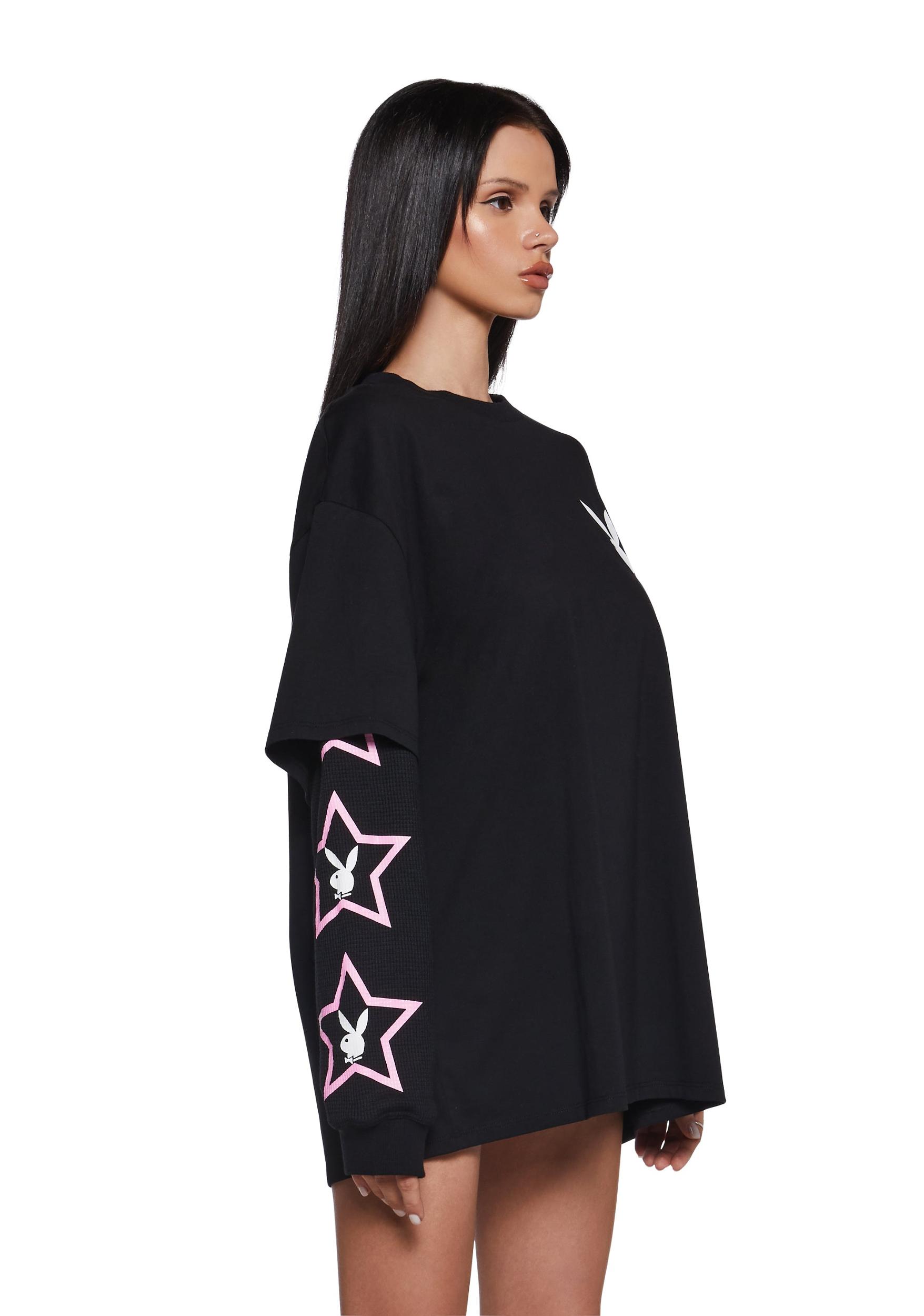 Dolls Kill x Playboy Logo Bunnies Playmate Have More Fun Graphic Long Sleeve Top - Black Product Image