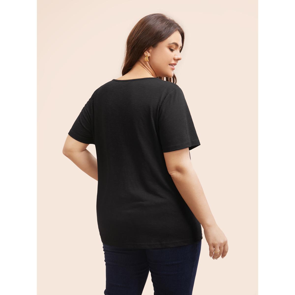 Plus Size Crew Neck Stretch Lace Patchwork T-shirt Black Women Elegant Patchwork Non Everyday T-shirts BloomChic 12/L Product Image