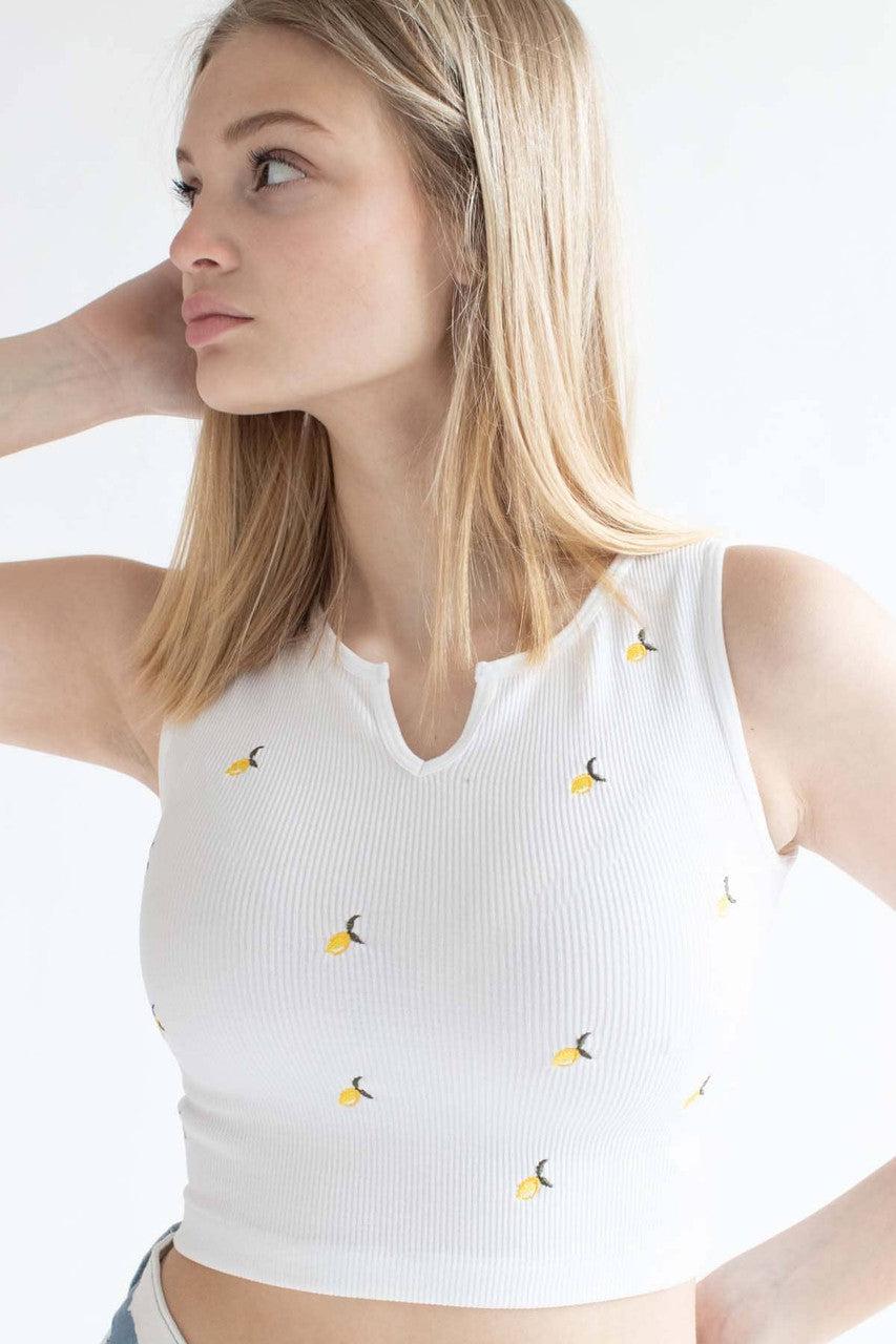 White Embroidered Lemons Seamless Notch Tank Product Image