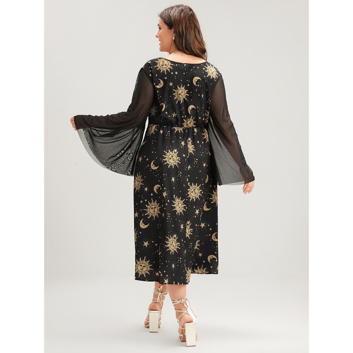 Plus Size Halloween Moon And Star Bell Sleeve Pocket Crew Neck Midi Dress Black Women Elegant Patchwork Round Neck Long Sleeve Curvy Midi Dress BloomChic 26/4X Product Image