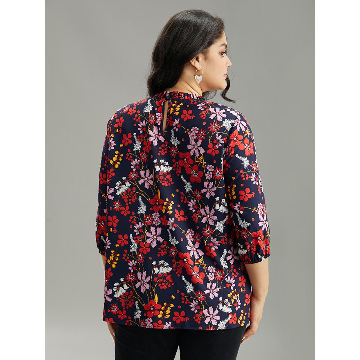 Plus Size Multicolor Floral Print Frill Trim Cut Out Blouse Women Elegant Elbow-length sleeve Round Neck Everyday Blouses BloomChic 14-16/1X Product Image