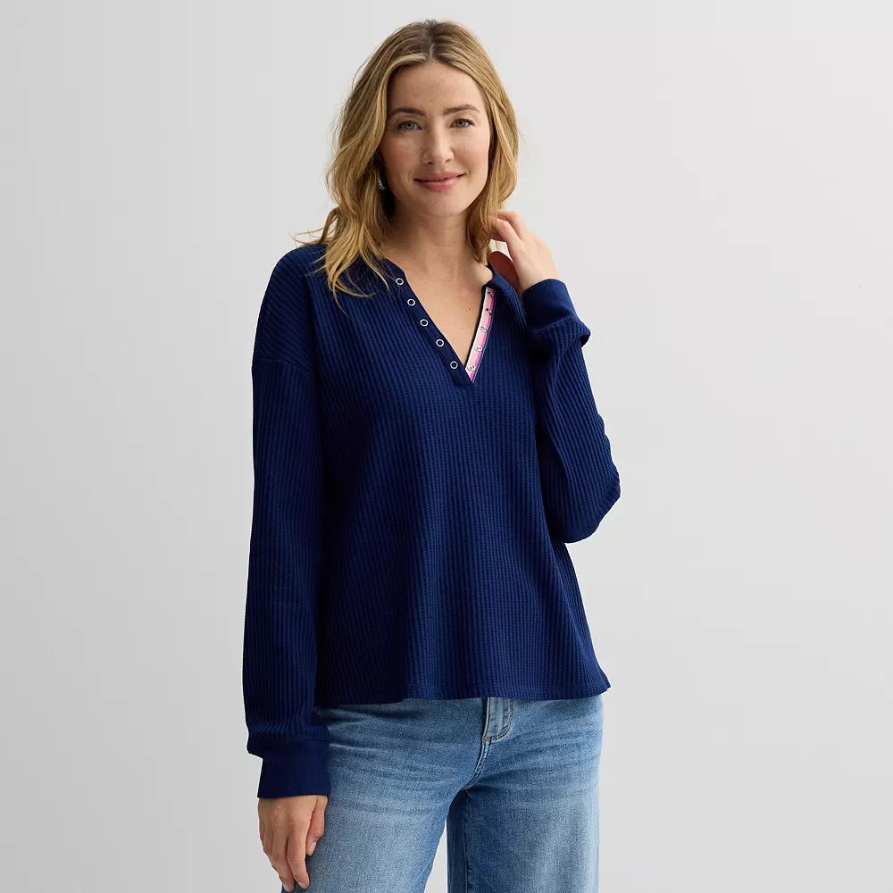 Women's Sonoma Goods For Life® Relaxed Waffle Henley Top, Size: XL, Blue Beauty Product Image