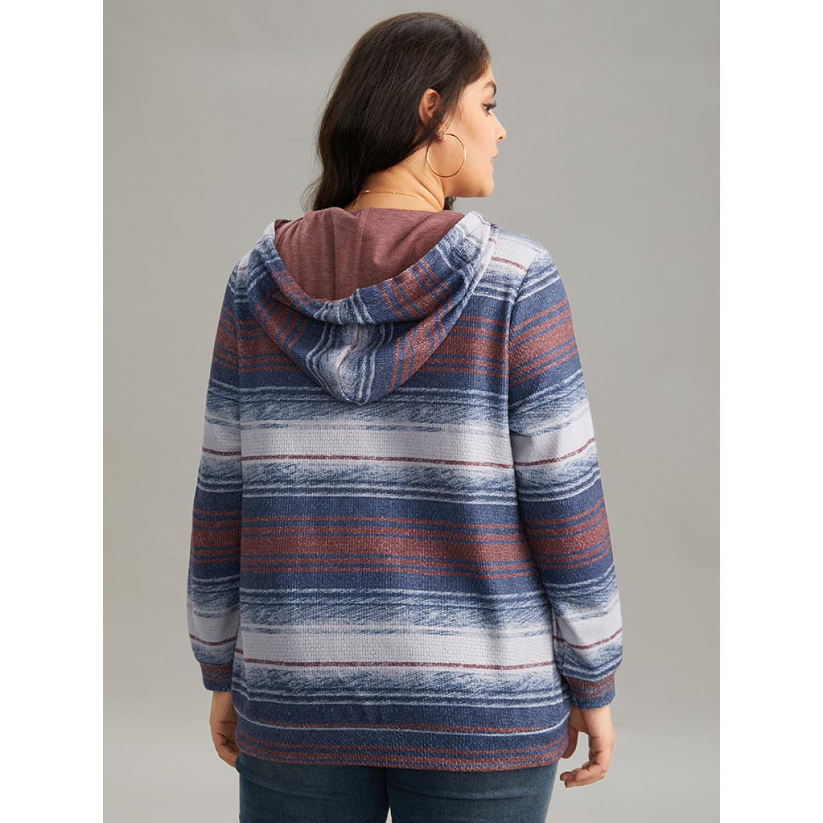 Plus Size Colour Striped Hooded Pocket Half Zip Sweatshirt Women Indigo Casual Contrast Hooded Dailywear Sweatshirts BloomChic 30/6X Product Image