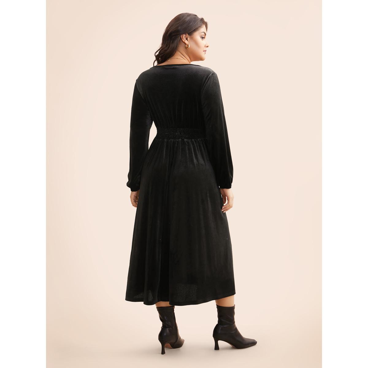 Plus Size Velvet Overlap Collar Shirred Gathered Dress Black Women Elegant Texture Overlap Collar Long Sleeve Curvy BloomChic 10/M Product Image