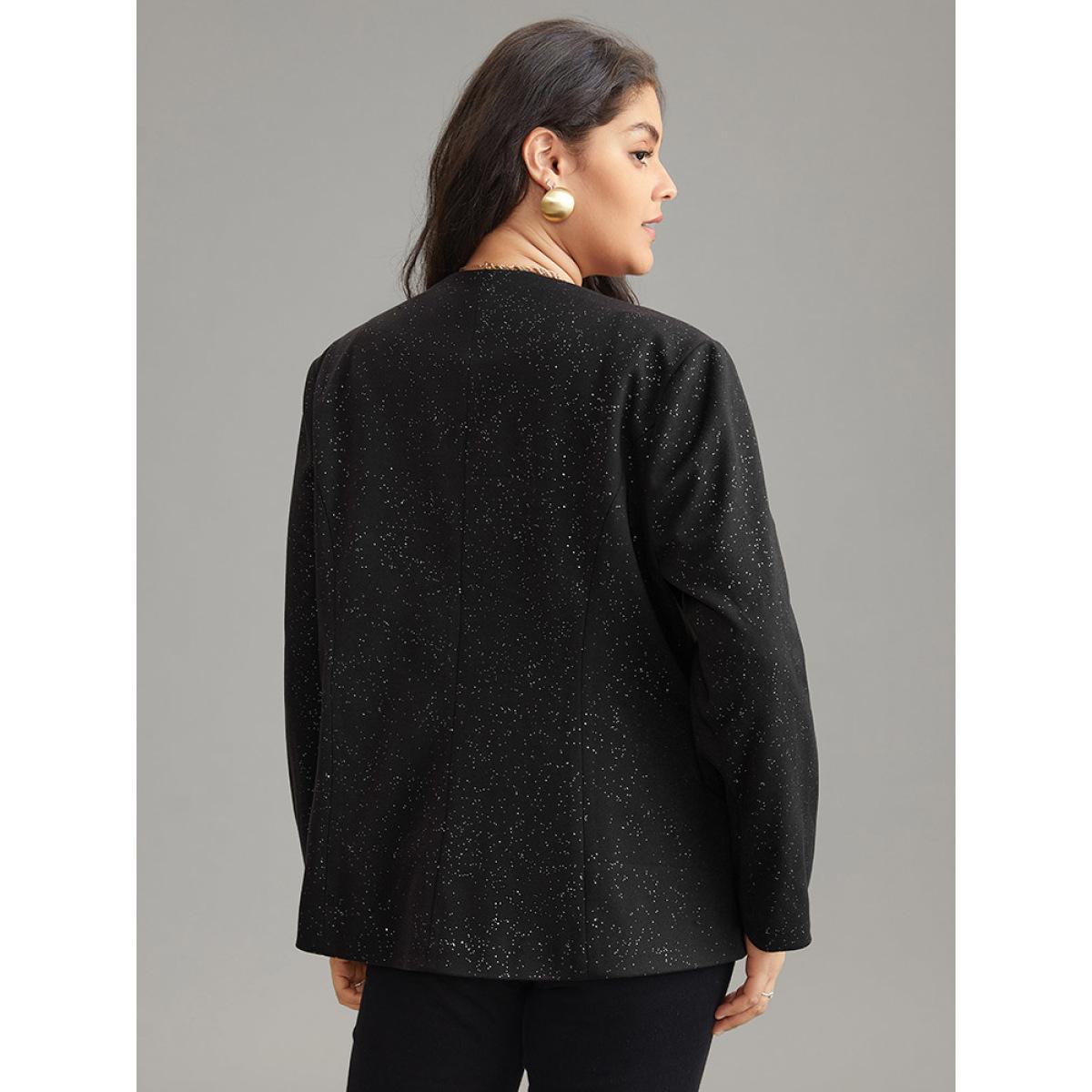Plus Size Glitter Flap Pocket Button Down Blazer Black Women Dailywear Plain Lined Sleeve Long Sleeve Suit Collar 10/M Pocket Casual Blazers BloomChic Product Image