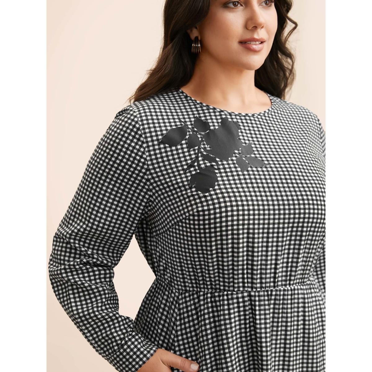 Plus Size Gingham Silhouette Floral Print Midi Dress Black Women Elegant Non Round Neck Long Sleeve Curvy BloomChic 12/L Product Image