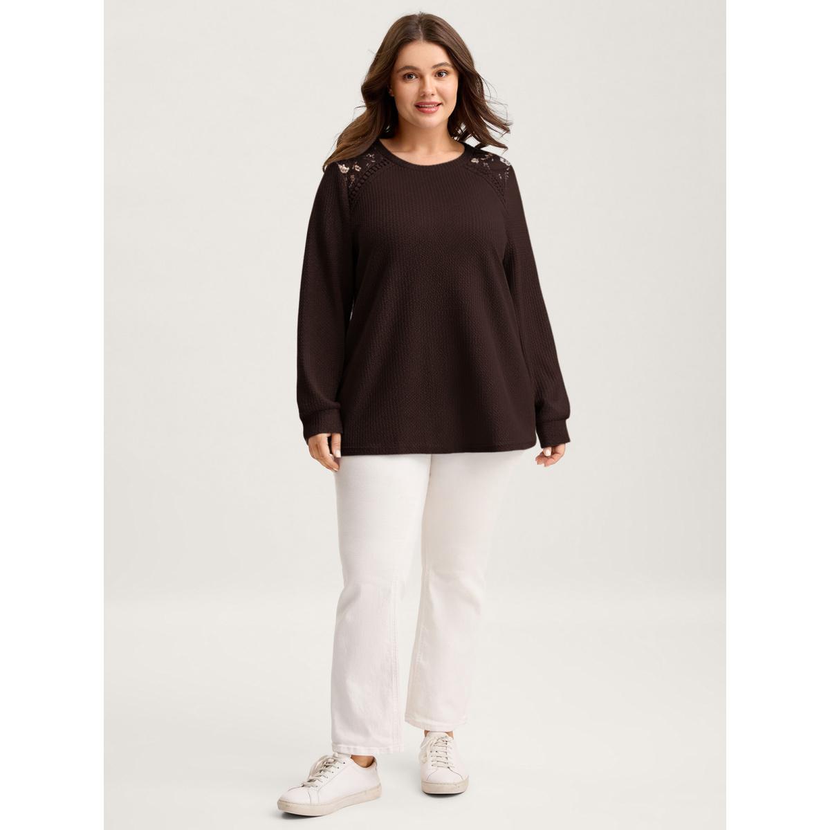 Plus Size Waffle Spliced Floral Lace Sweatshirt Women DarkBrown Leisure Round Neck Casual Sweatshirts BloomChic 28/5X Product Image