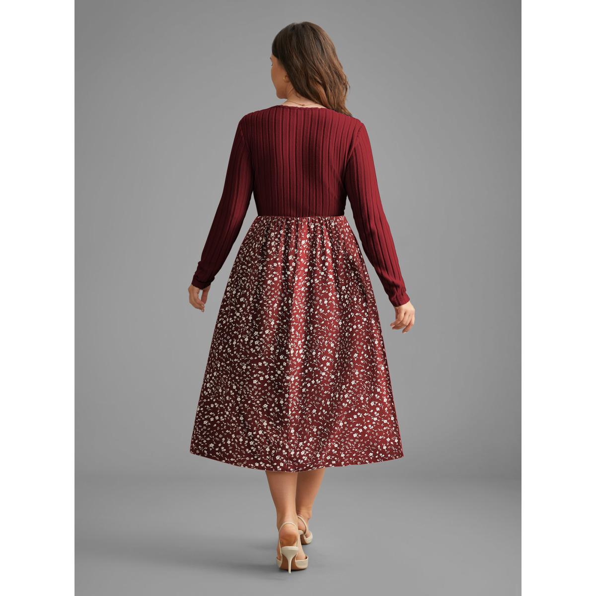 Plus Size Ditsy Floral Patchwork Texture Midi Dress Burgundy Women Elegant Texture V-neck Long Sleeve Curvy BloomChic 10/M Product Image