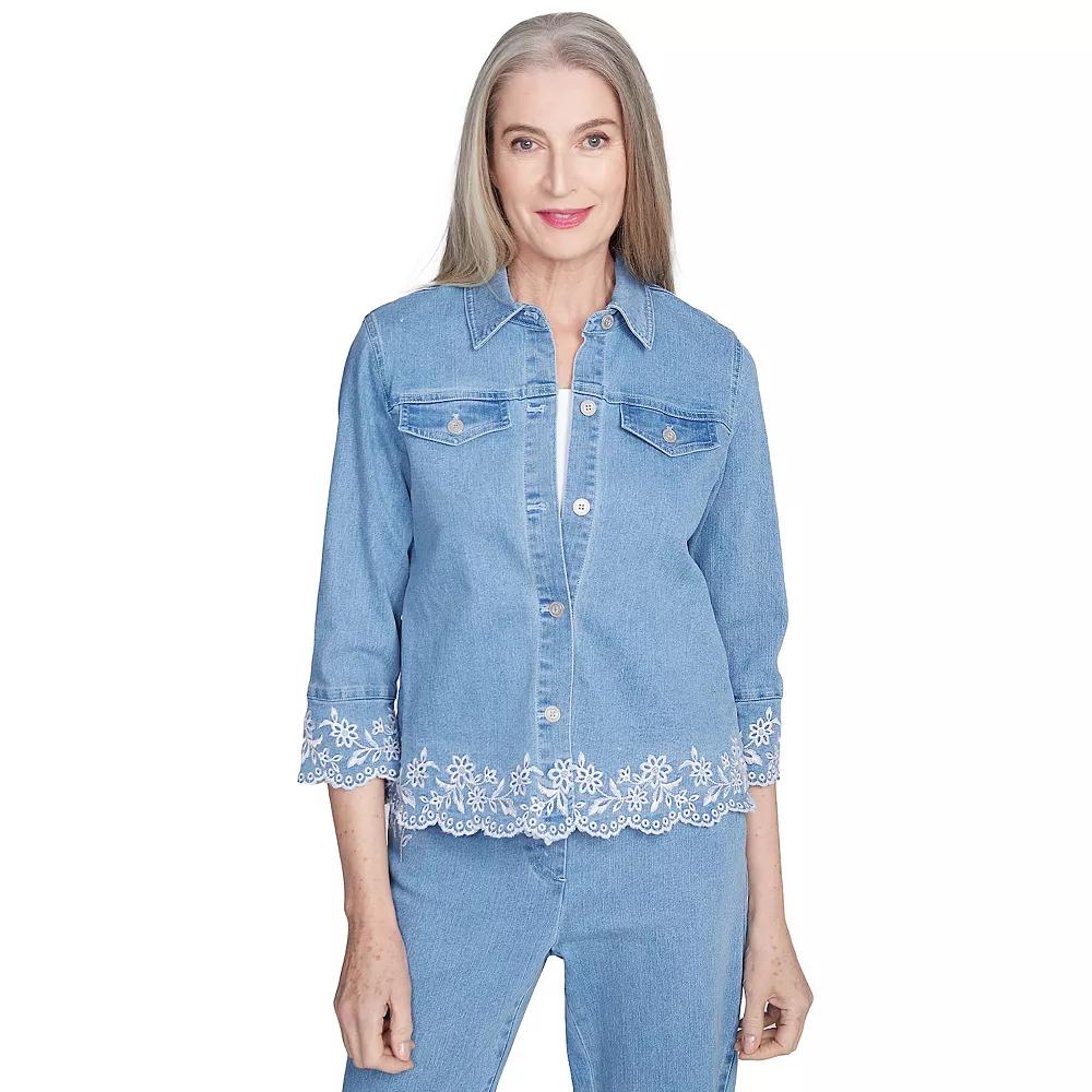 Petite Alfred Dunner Denim Floral Embroidered Jean Jacket, Women's, Size: XL Petite, Light Blue Product Image