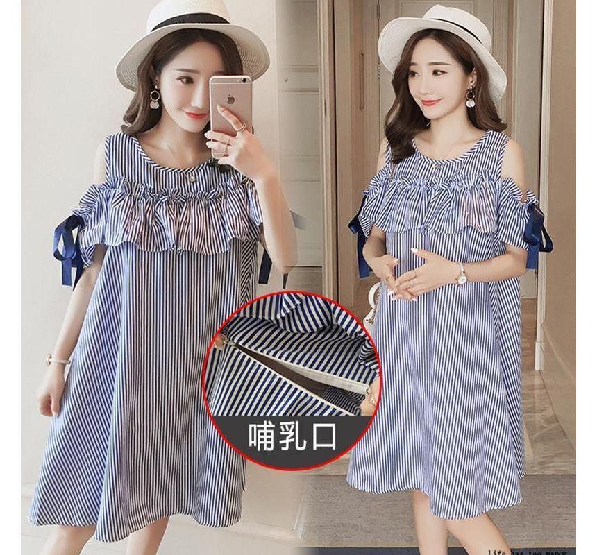 Maternity Short-Sleeve Round Neck Cold Shoulder Striped A-Line Dress Product Image