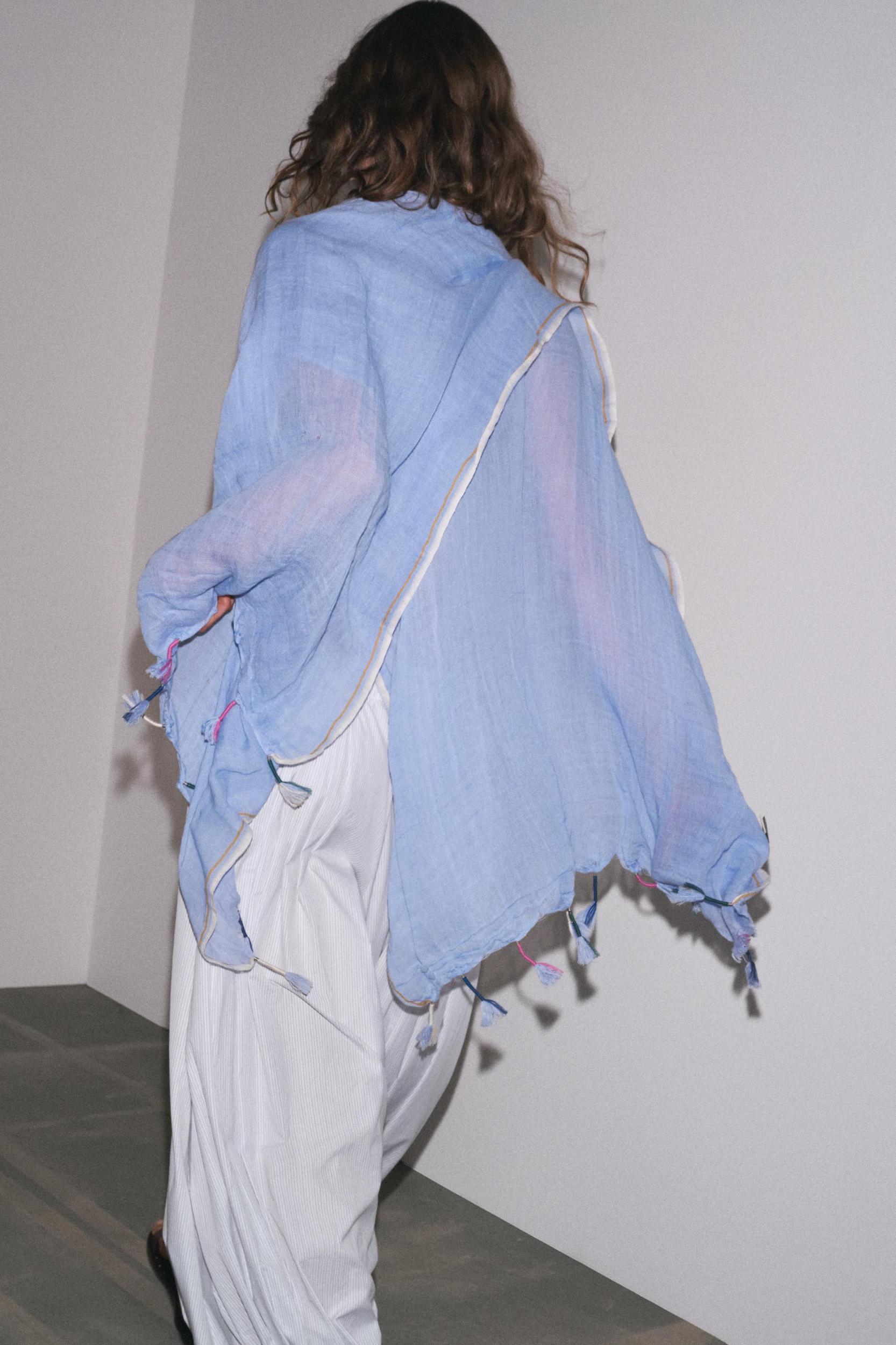 STRIPED LINEN SCARF WITH POM POMS Product Image