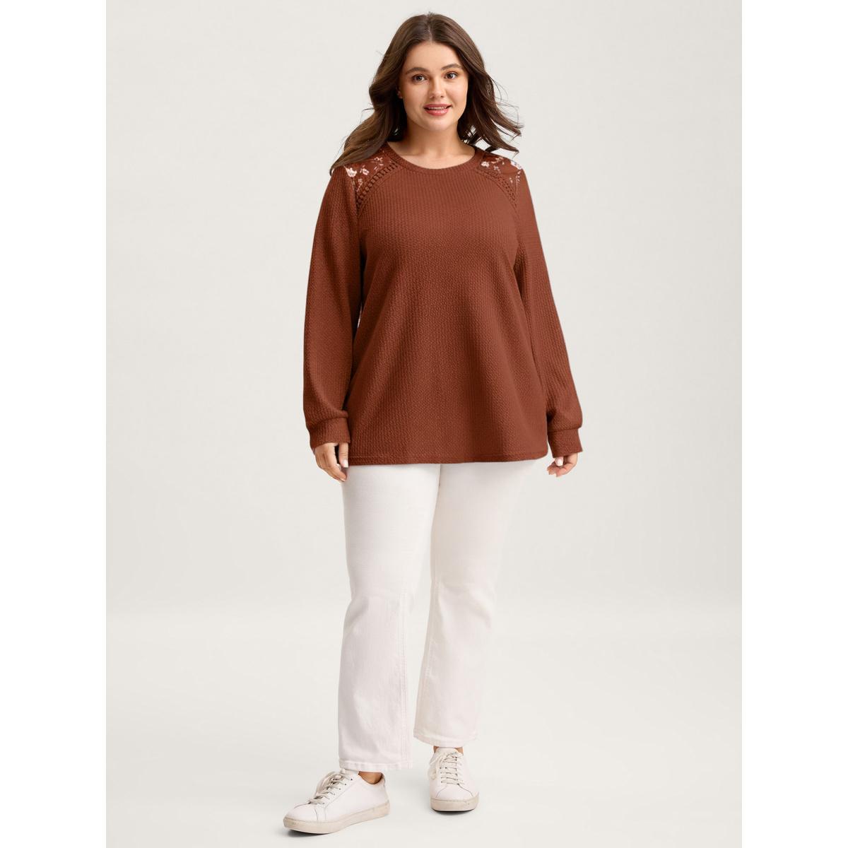 Plus Size Waffle Spliced Floral Lace Sweatshirt Women Rust Leisure Round Neck Casual Sweatshirts BloomChic 28/5X Product Image