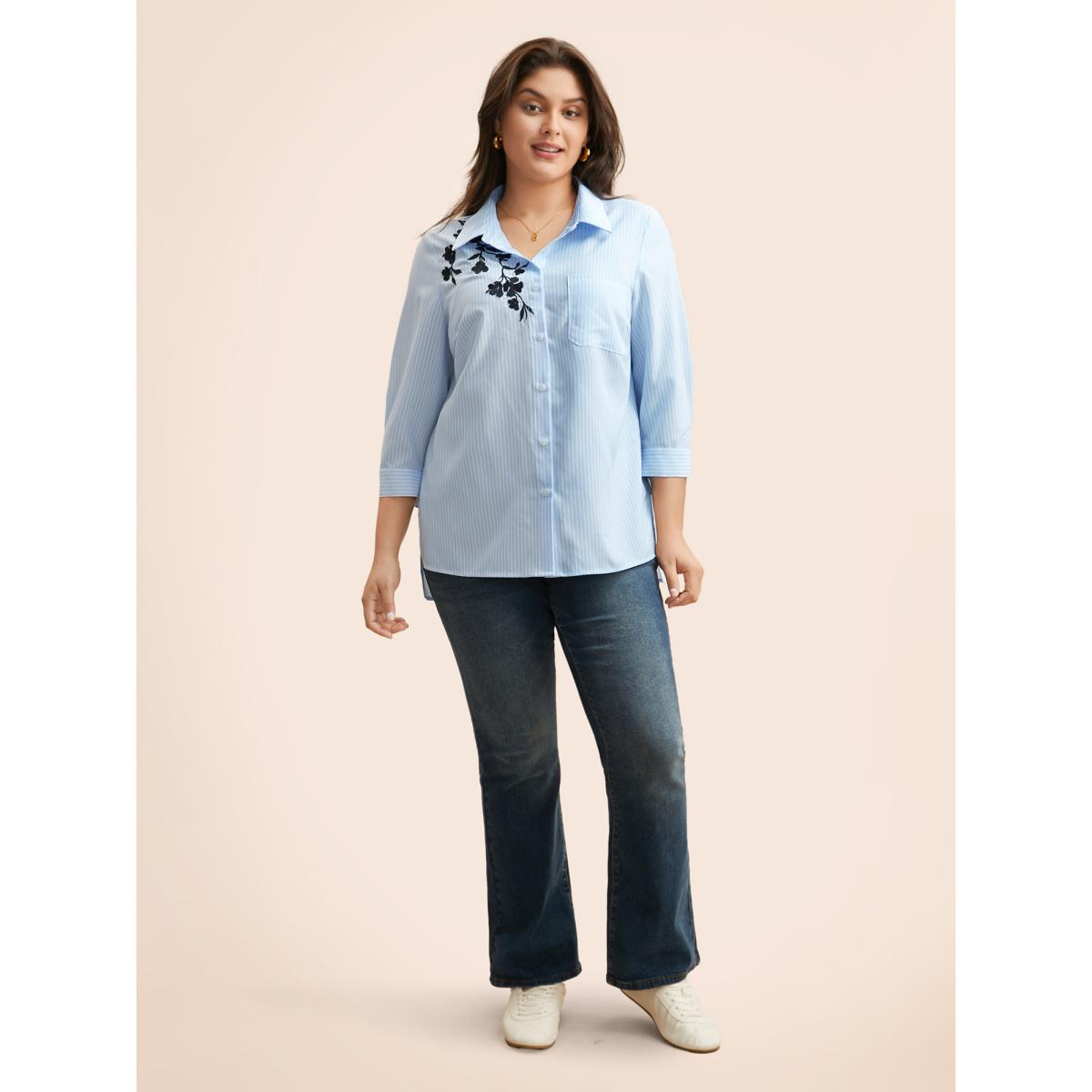 Plus Size LightBlue Floral Embroidered Striped Patched Pocket Blouse Women Elegant Elbow-length sleeve Shirt collar Everyday Blouses BloomChic 28/5X Product Image