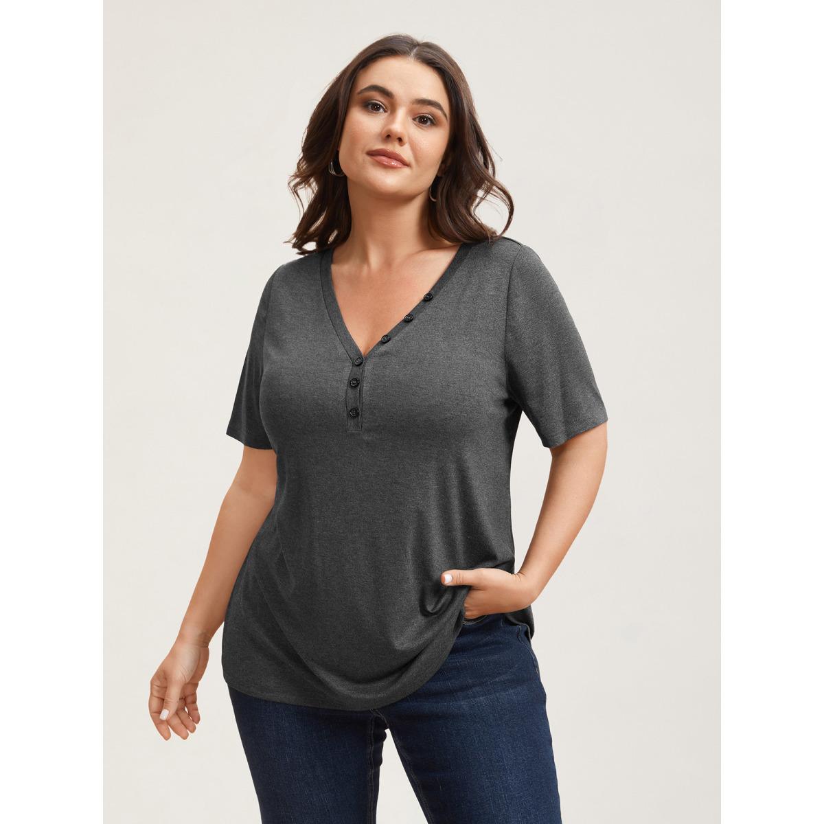 Plus Size Adjustable Neck Coverage Button Placket T-Shirt DimGray Women Leisure Button V-neck Casual T-shirts BloomChic 26/4X Product Image