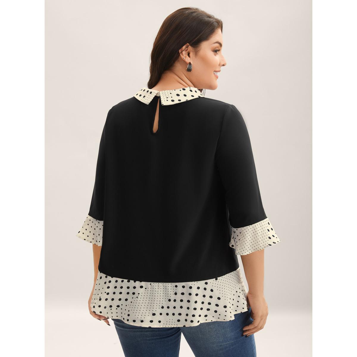 Plus Size Black Sheer Color Contrast Spliced Collar Blouse Women Office Elbow-length sleeve Shirt collar Office Blouses BloomChic 18-20/2X Product Image