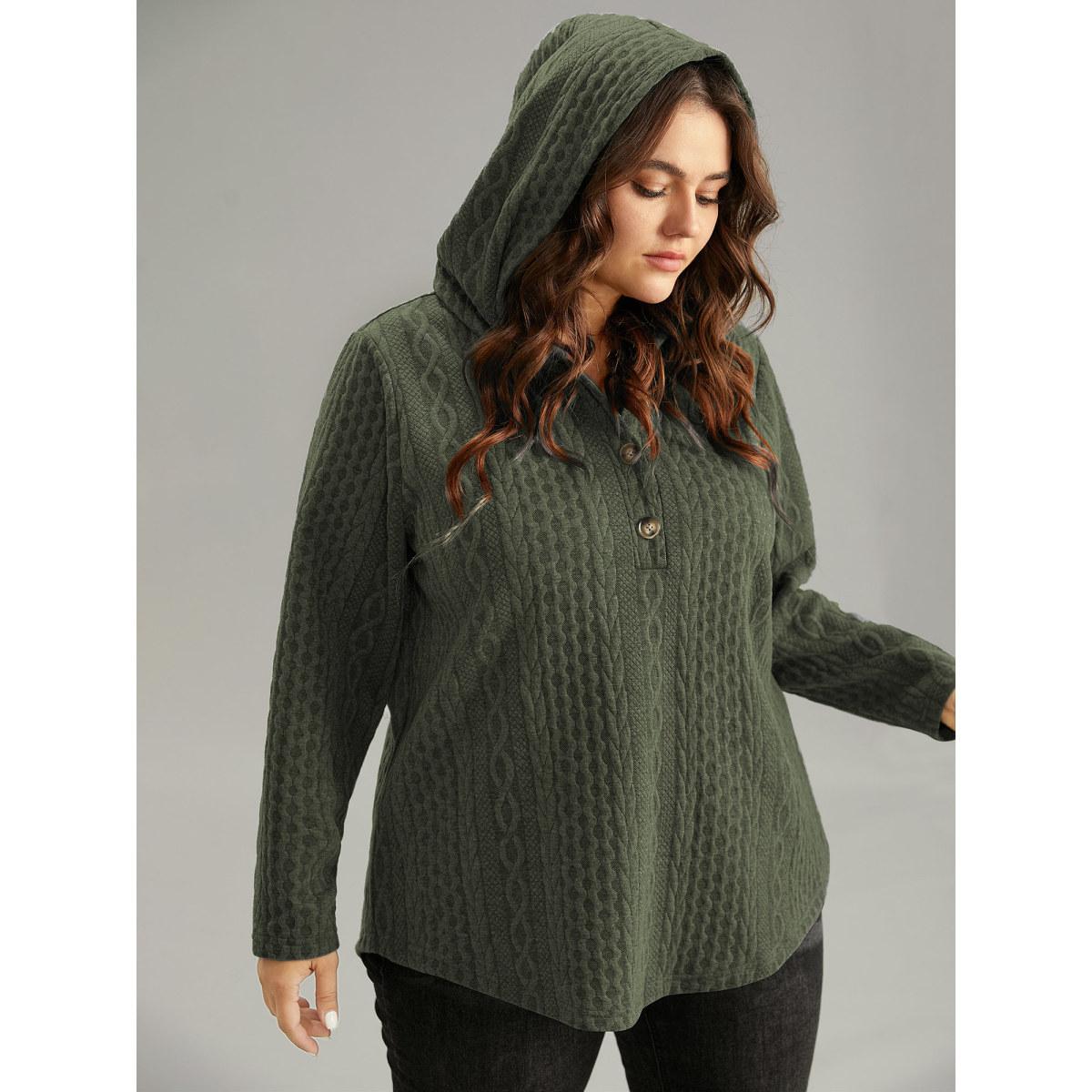Plus Size Plisse Button Through Hooded Curved Hem Sweatshirt Women ArmyGreen Casual Texture Hooded Everyday Sweatshirts BloomChic 30/6X Product Image