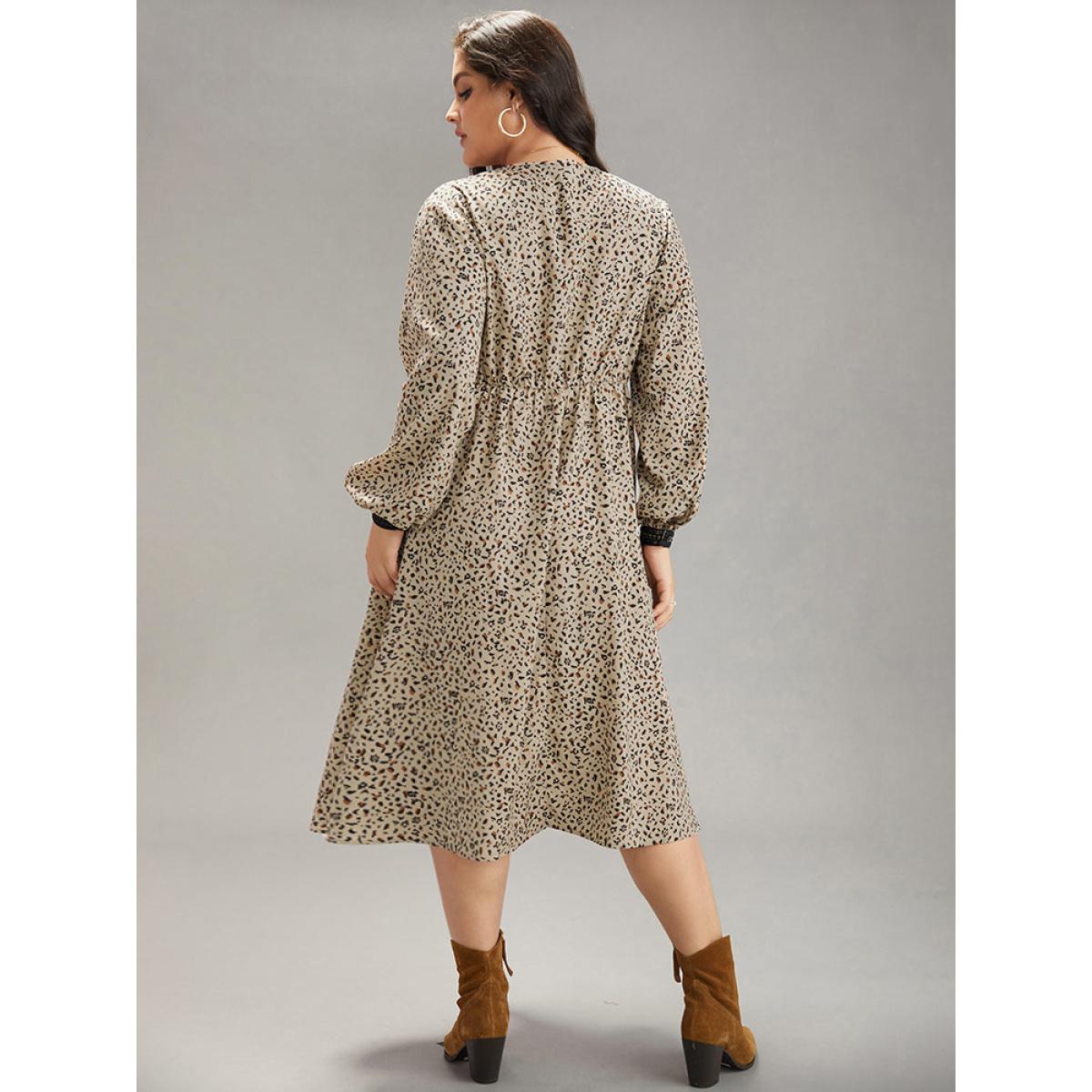 Plus Size Leopard Pocket Guipure Lace Lantern Sleeve Dress Stone Women Vacation Elastic cuffs V-neck Long Sleeve Curvy Midi Dress BloomChic 30/6X Product Image