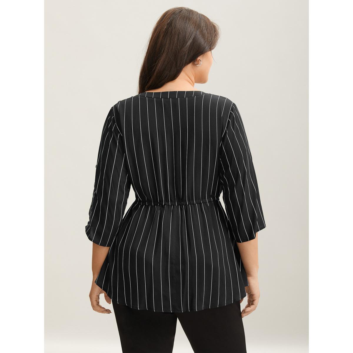 Plus Size Black Striped Waist-Tie Pockets Blouse Women Office Elbow-length sleeve Notched collar Office Blouses BloomChic 22-24/3X Product Image