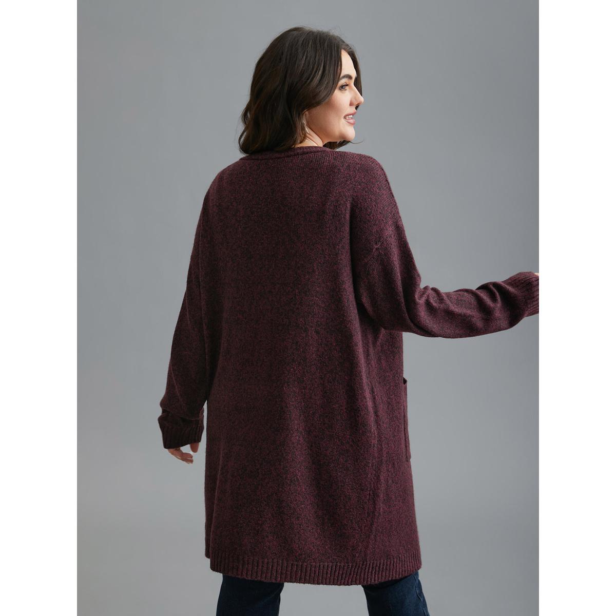 Plus Size Solid Patch Pocket Long Knit Cardigan Deepred Women Casual Loose Long Sleeve Everyday Cardigans BloomChic 28/5X Product Image