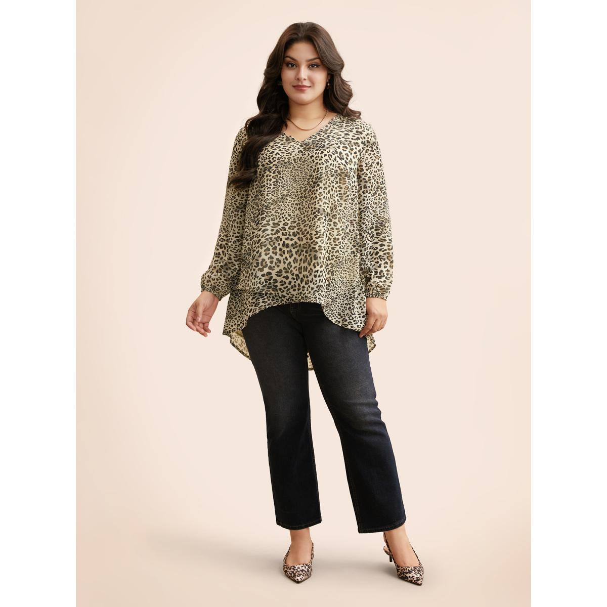 Plus Size Tan Leopard Print Asymmetrical Hem Lantern Sleeve Blouse Women Elegant Long Sleeve V-neck Everyday Blouses BloomChic 12/L Product Image